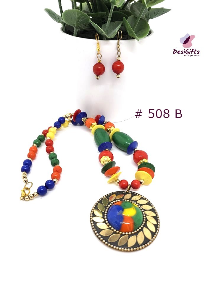 Multicolor Jaipuri Beaded Necklace & Earrings Set, NKT#508