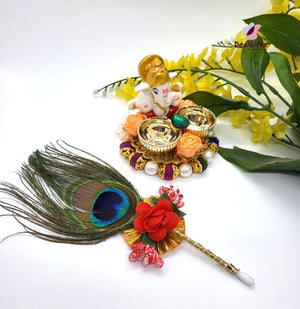 Handcrafted  Haldi Kumkum Tilak Stick with Peacock feather, Assorted Colors, PJI#539