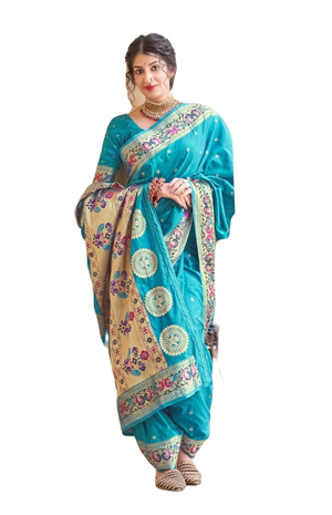 Teal Shade Banarasi Soft Silk Maharani Paithani Saree with Zari Border,  SARI#591