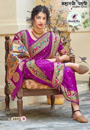 Purple Shade Banarasi Soft Silk Maharani Paithani Saree with Zari Border,  SARI#592