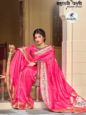 Pink Shade Banarasi Soft Silk Maharani Paithani Saree with Zari Border,  SARI#593
