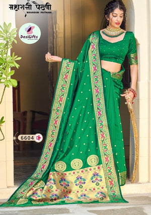 Green Shade Banarasi Soft Silk Maharani Paithani Saree with Zari Border,  SARI# 594