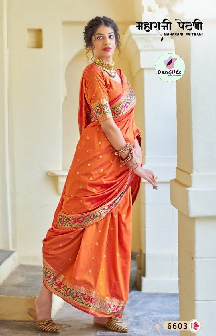 Orange Shade Banarasi Soft Silk Maharani Paithani Saree with Zari Border,  SARI#595