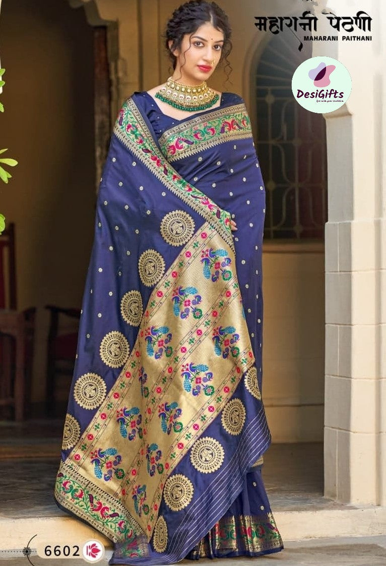 Navy Shade Banarasi Soft Silk Maharani Paithani Saree with Zari Border,  SARI#596