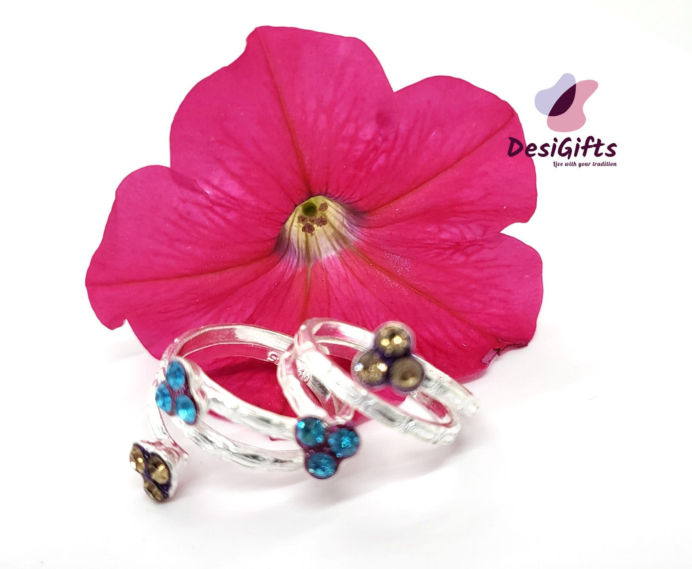 Pure Silver Indian Spiral Toe Rings Studded with Stones, SLTR# 617