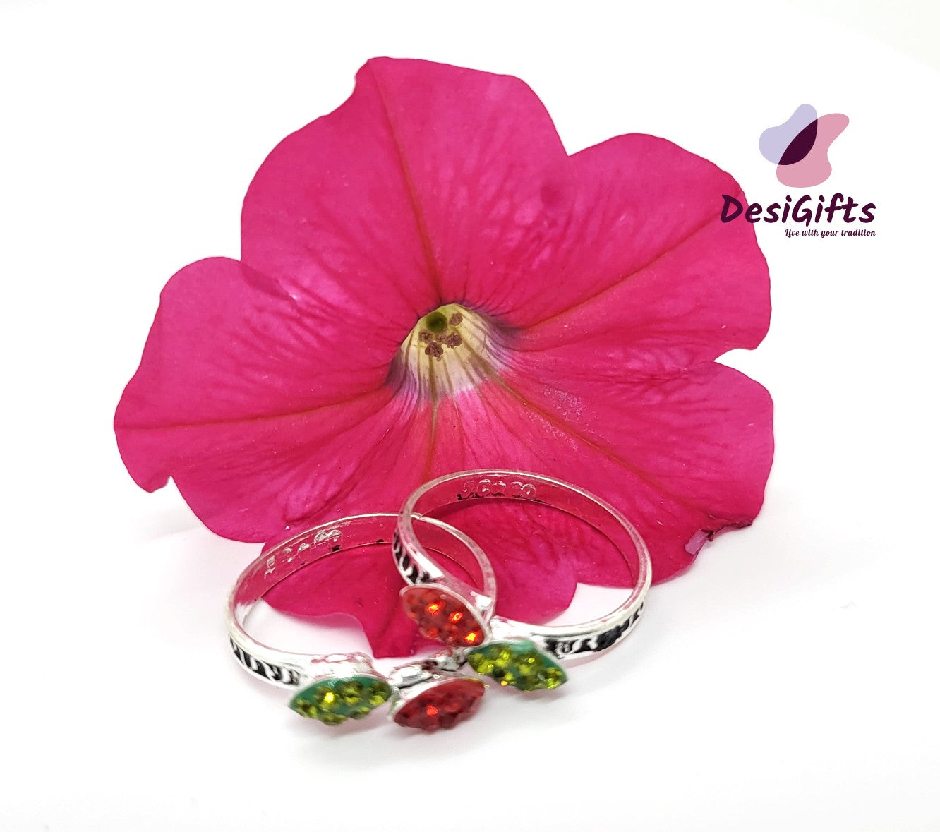 Adjustable Pure Silver Toe Rings with Studded Stones, SLTR# 622