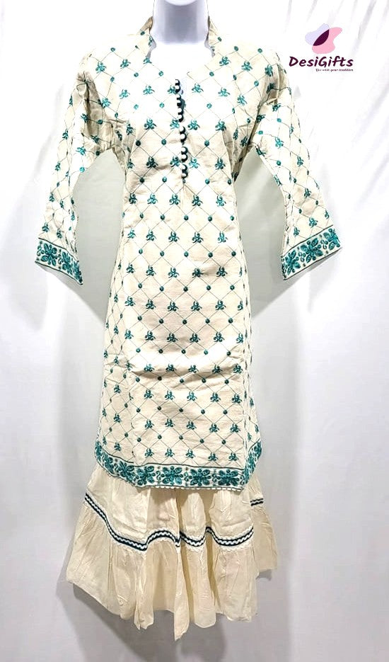 Embroidered Kurti with Sarara in Khaadi Cotton, Design WMN # 489