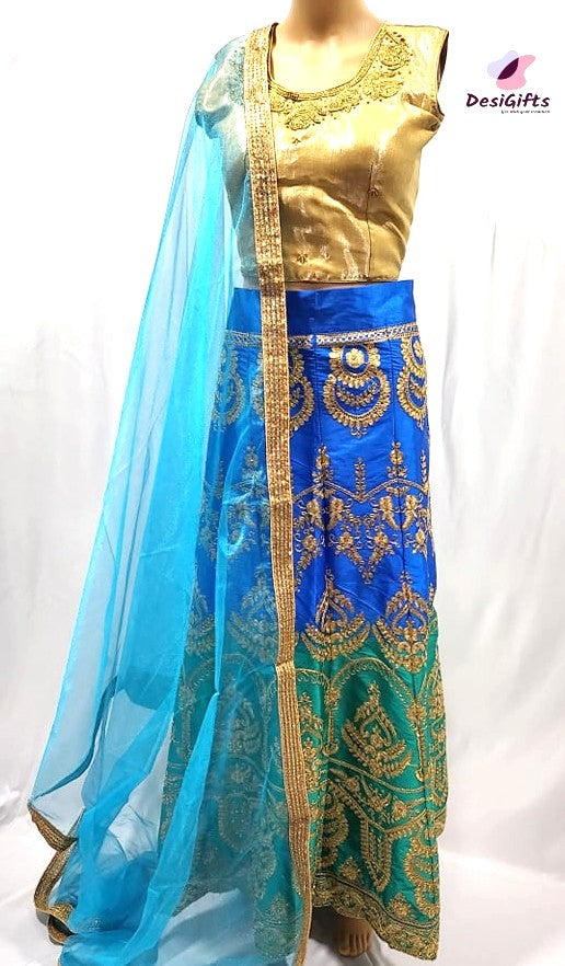 Blue-Green Shade with Golden Zeri Silk Lehenga Choli Ethnic Wear, Design LHG #471