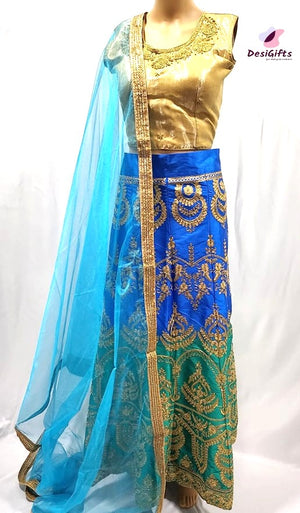 Blue-Green Shade with Golden Zeri Silk Lehenga Choli Ethnic Wear, Design LHG #471