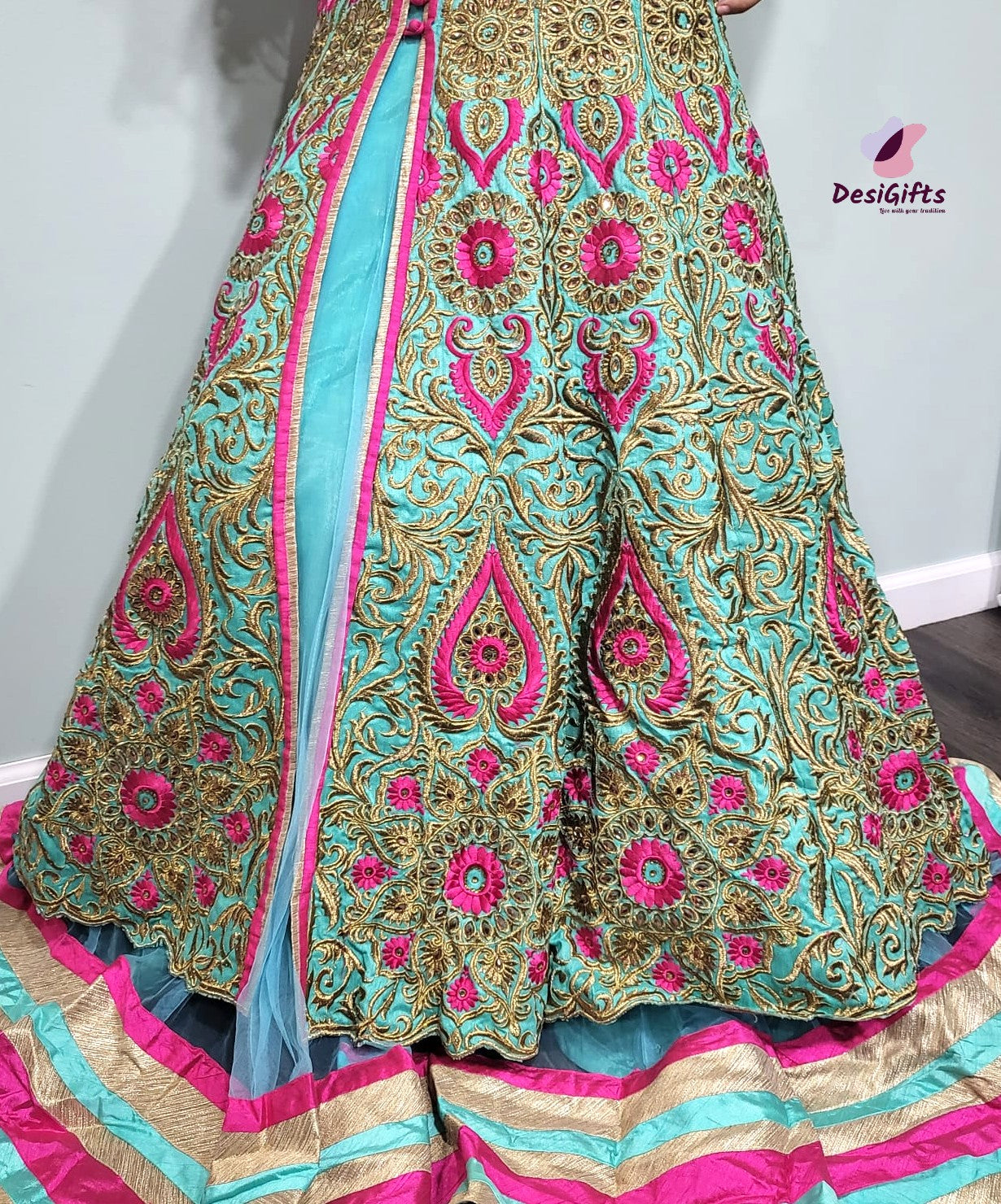 Graceful Arctic Blue with Pink & Golden Embroidery, Design GWN # 873