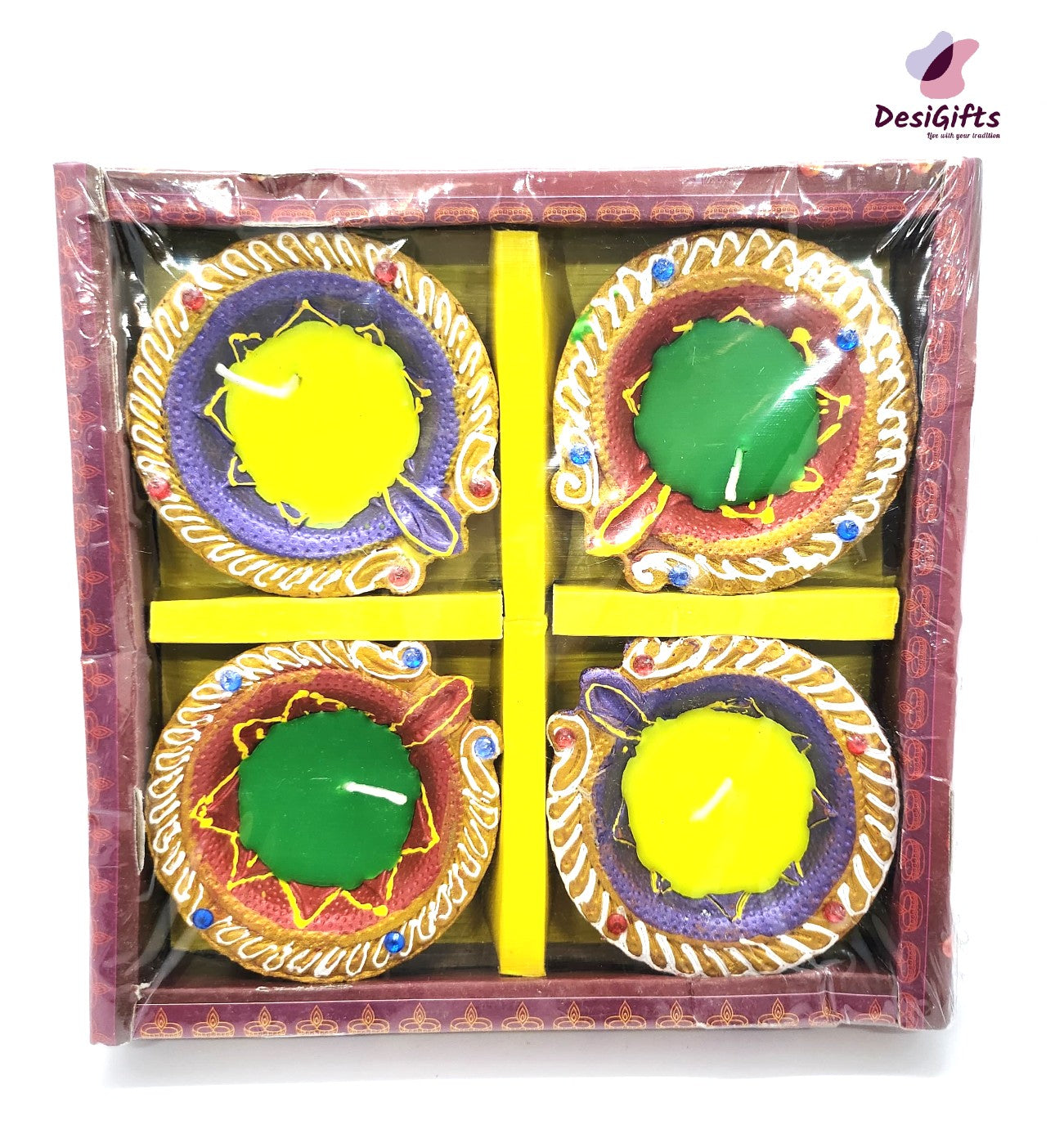 Decorated Wax Diya /m Mud Wax Deep,  Set of 4, WD#901