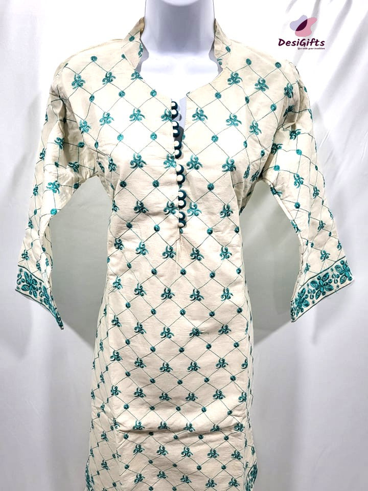 Embroidered Kurti with Sarara in Khaadi Cotton, Design WMN # 489