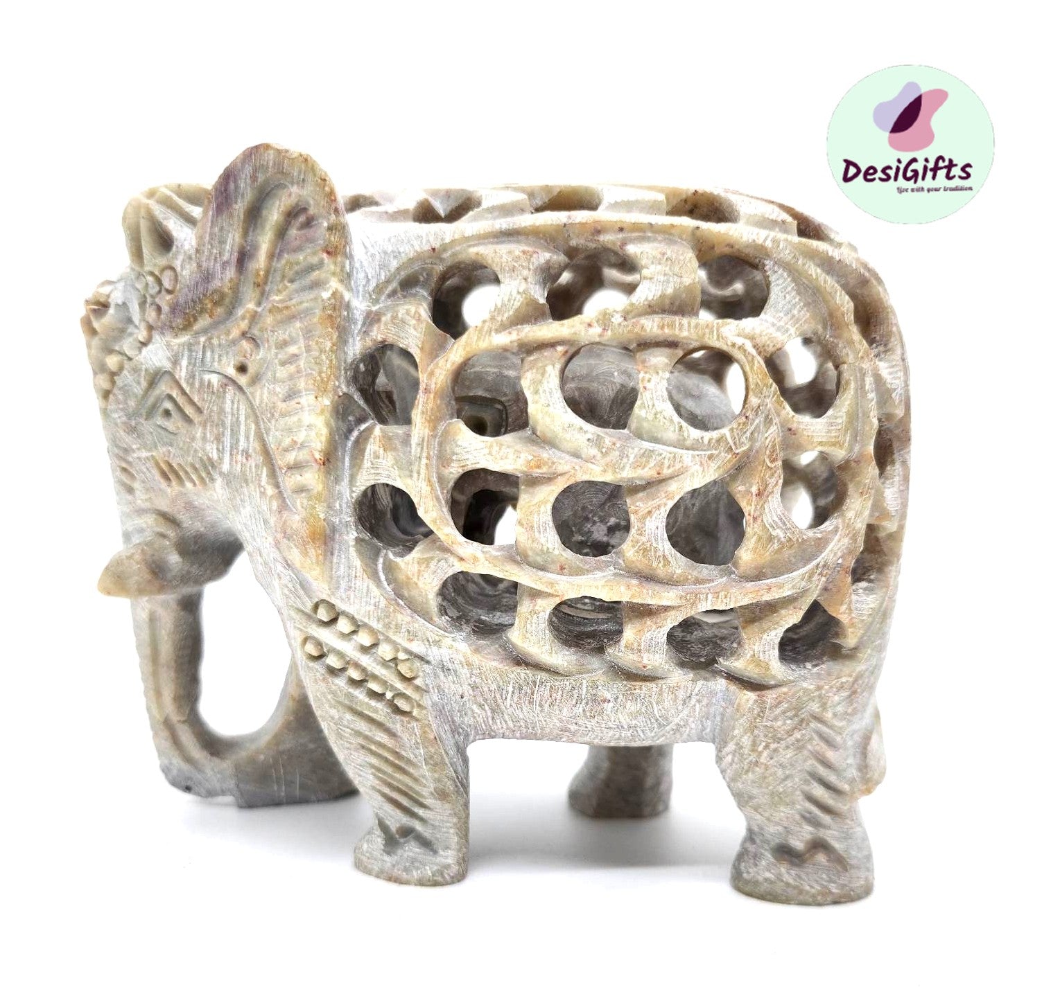 Hand Curved Soapstone Marble Exclusive 4" Elephant with Baby Inside, ELM#924