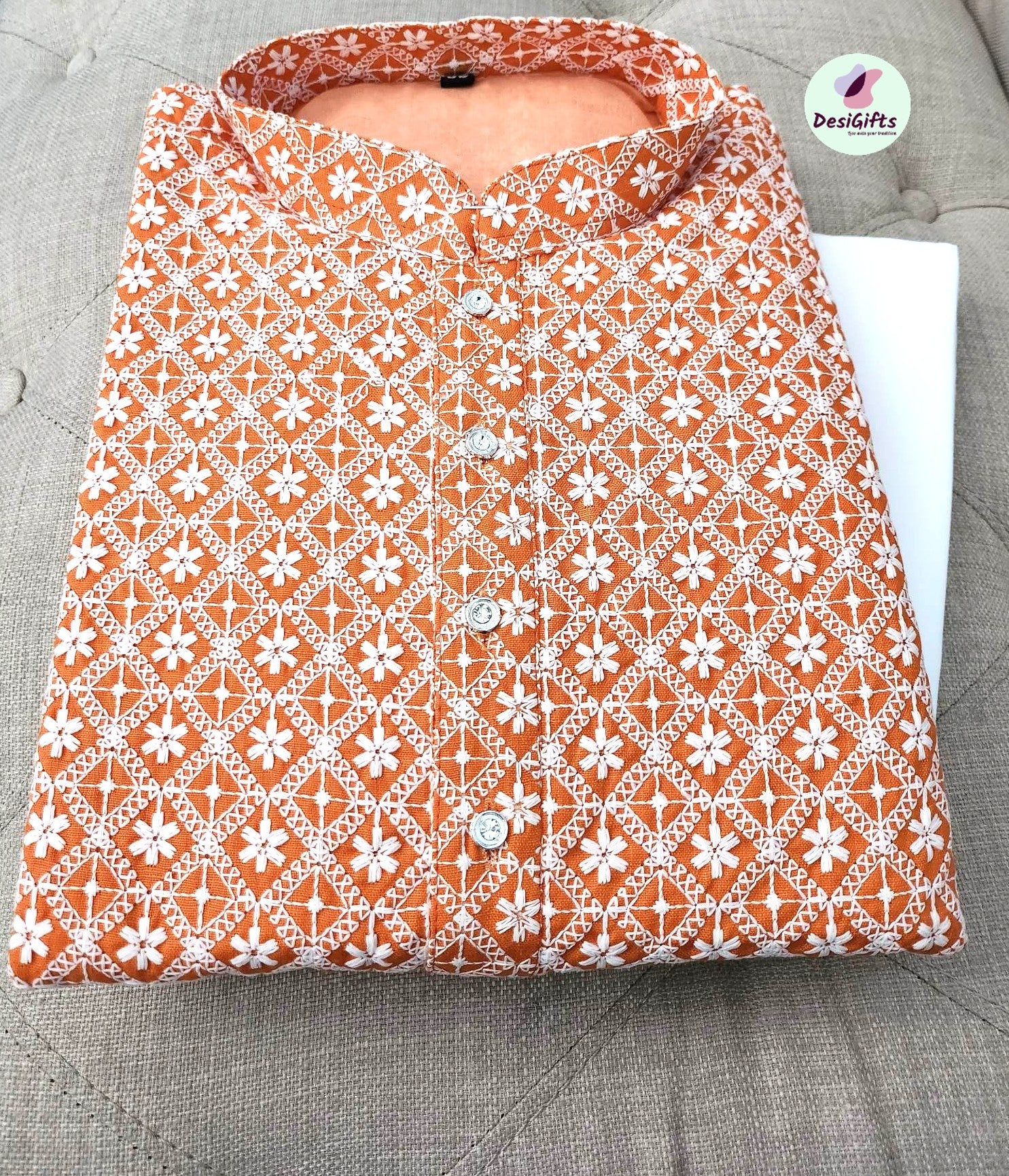 Carrot Yellow Chikankari Kurta Pajama Set-Cotton, Design KPS# 928