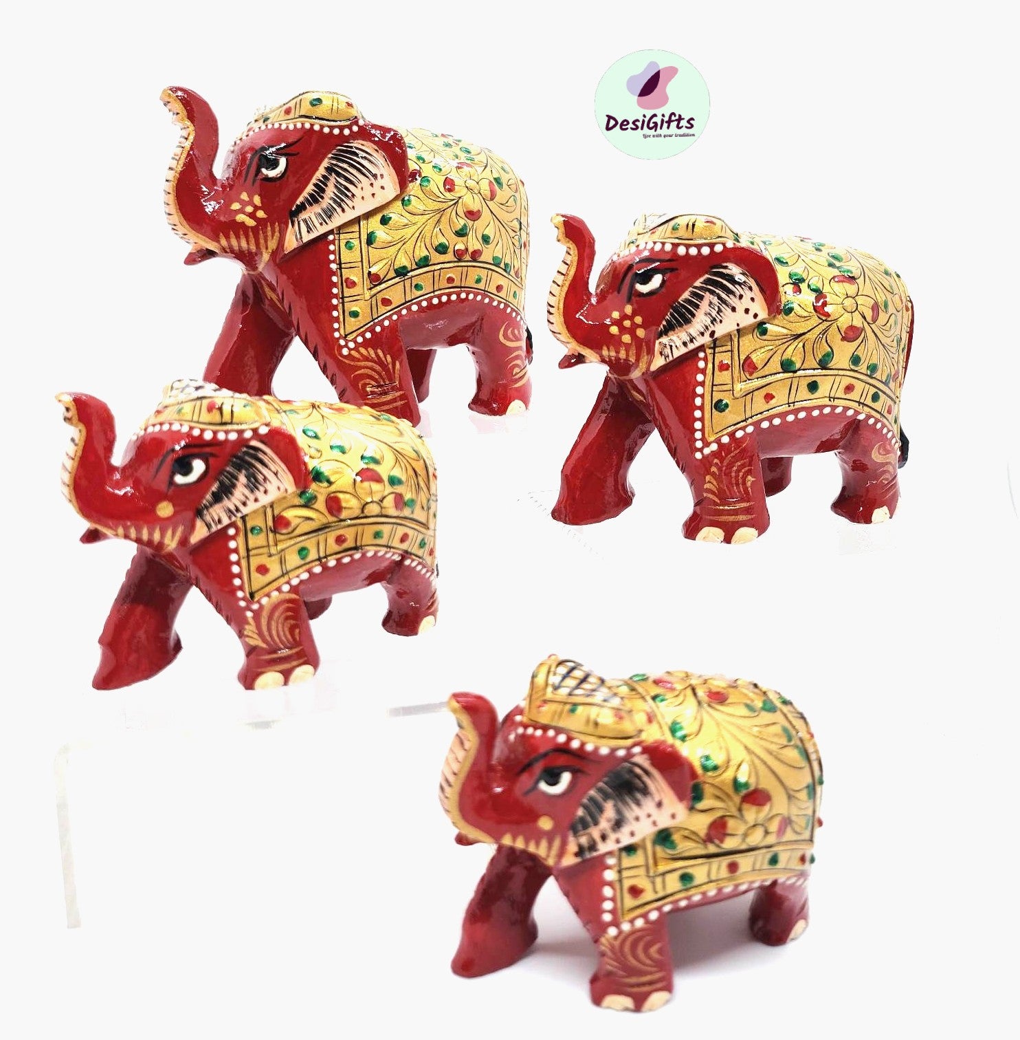 Embossed Handcrafted Printed Elephant Statue, Set of 4, ELC#214
