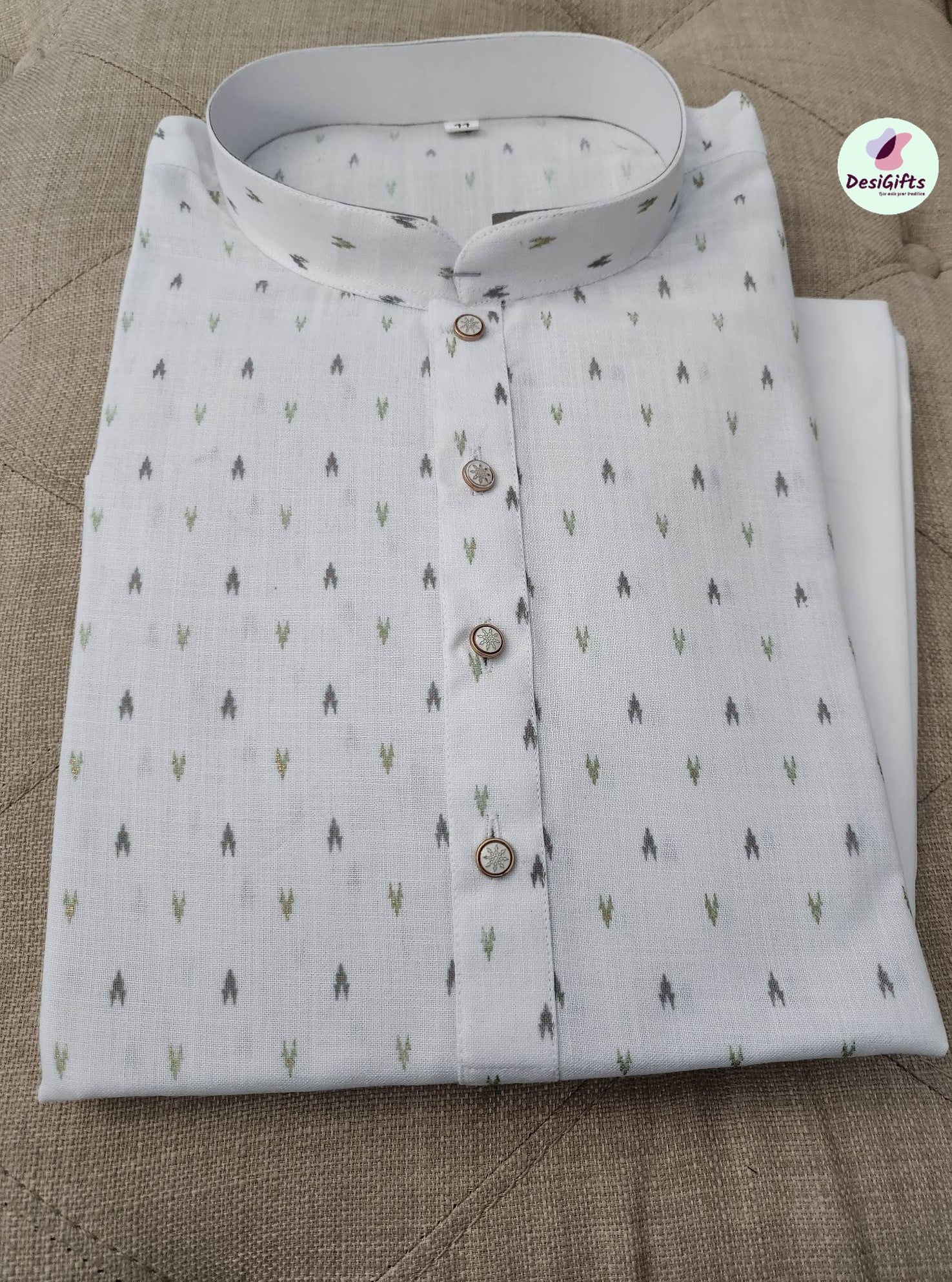 Size 46 Printed White Kurta Pajama Set-Cotton Design# BLUC 232