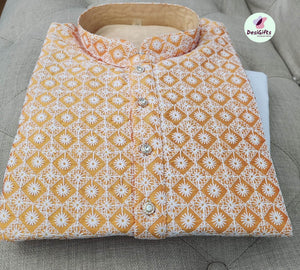 Honey Yellow Chikankari Kurta Pajama Set-Cotton, Design KPS# 927