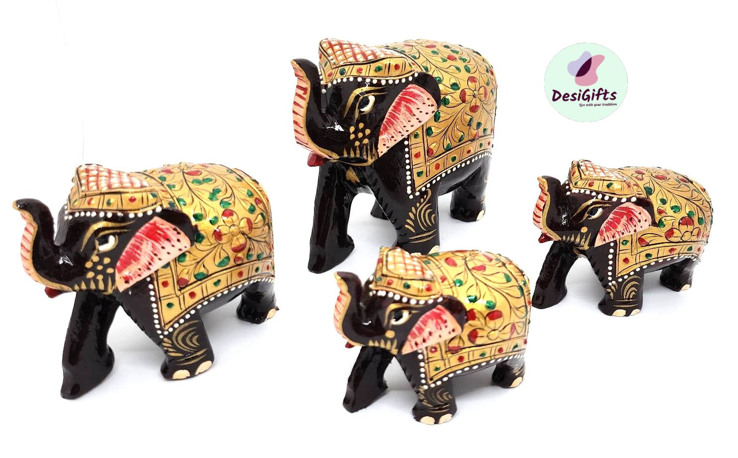 Embossed Handcrafted Printed Elephant Statue, Set of 4, ELC#214