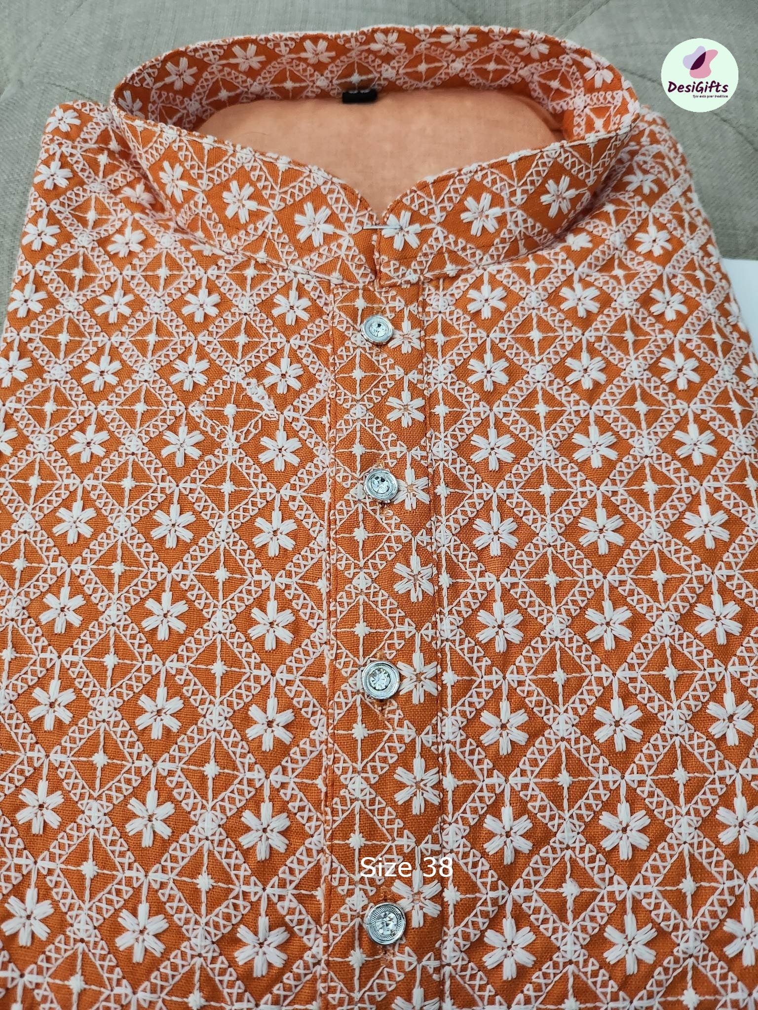 Carrot Yellow Chikankari Kurta Pajama Set-Cotton, Design KPS# 928