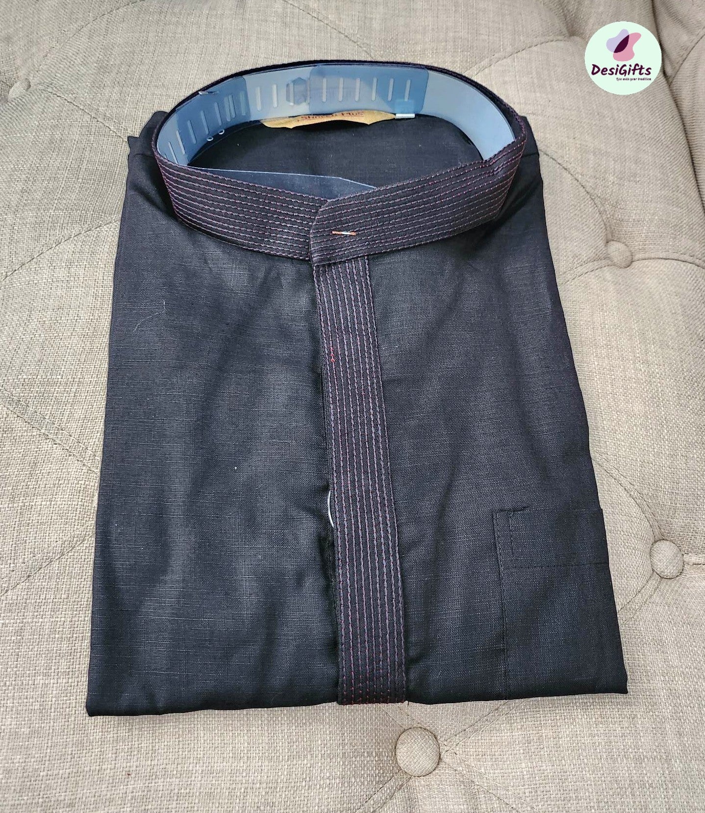 Full Sleeve Short Black Kurta -Cotton Silk Design SK# OBS 931