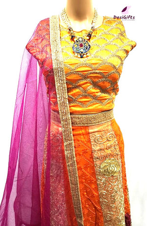 Marigold Orange Silk Lehenga Party Wear, Design LHG #469