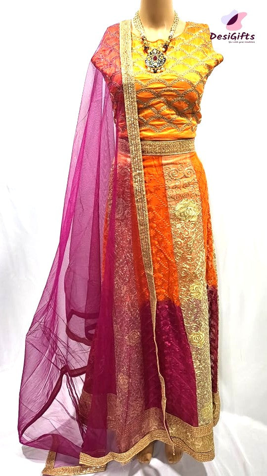 Marigold Orange Silk Lehenga Party Wear, Design LHG #469