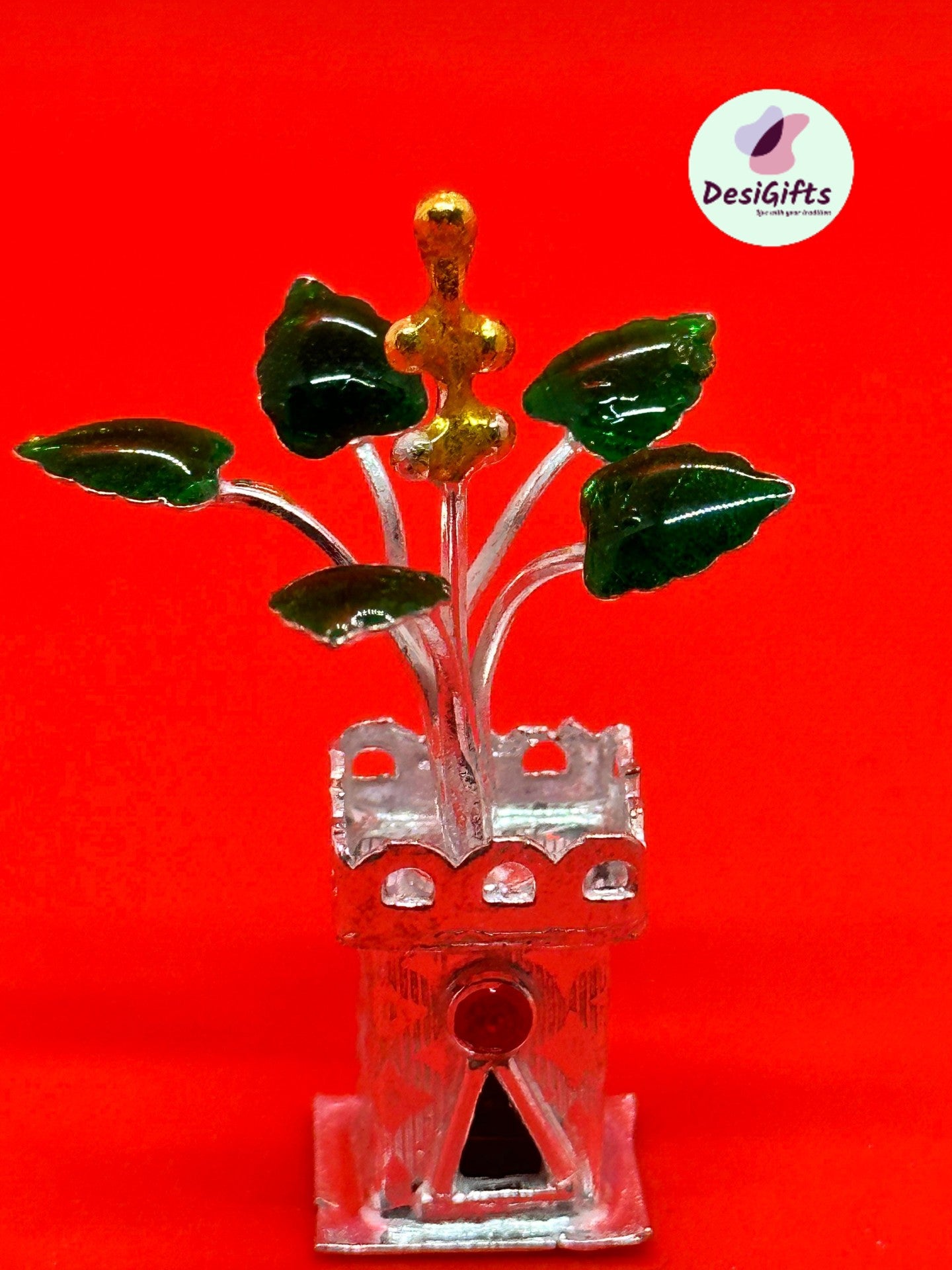 2 Inch Pure Silver Tulsi Plant, Holi Basil for Pooja Temple, SLD- 549