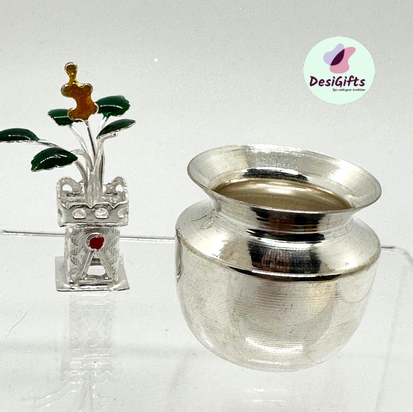 2 Inch Pure Silver Tulsi Plant, Holi Basil for Pooja Temple, SLD- 549