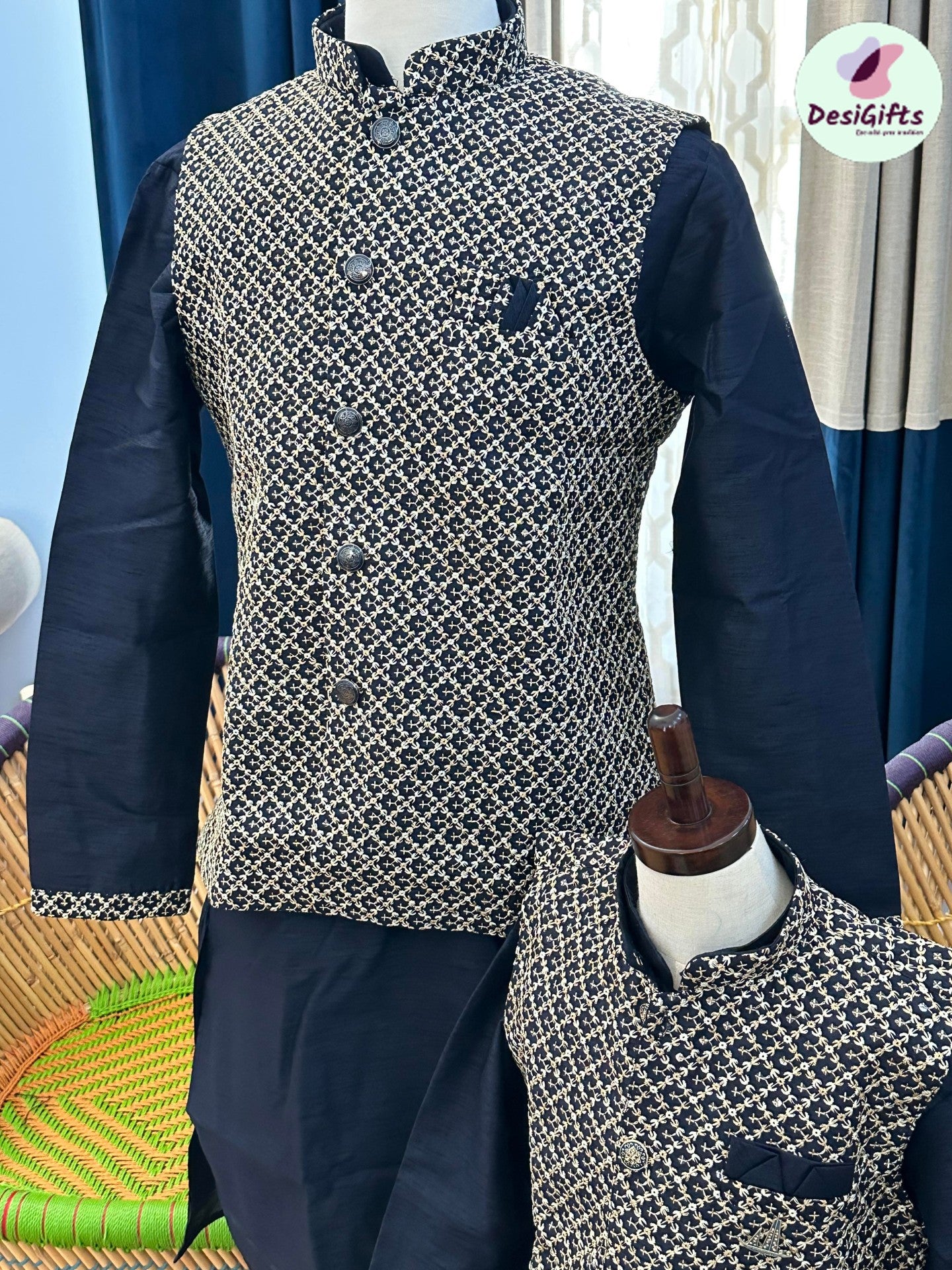 3 Piece Navy Kurta Pajama with Jacket Set, Cotton Silk, Father & Son's Outfit, DM - 1013