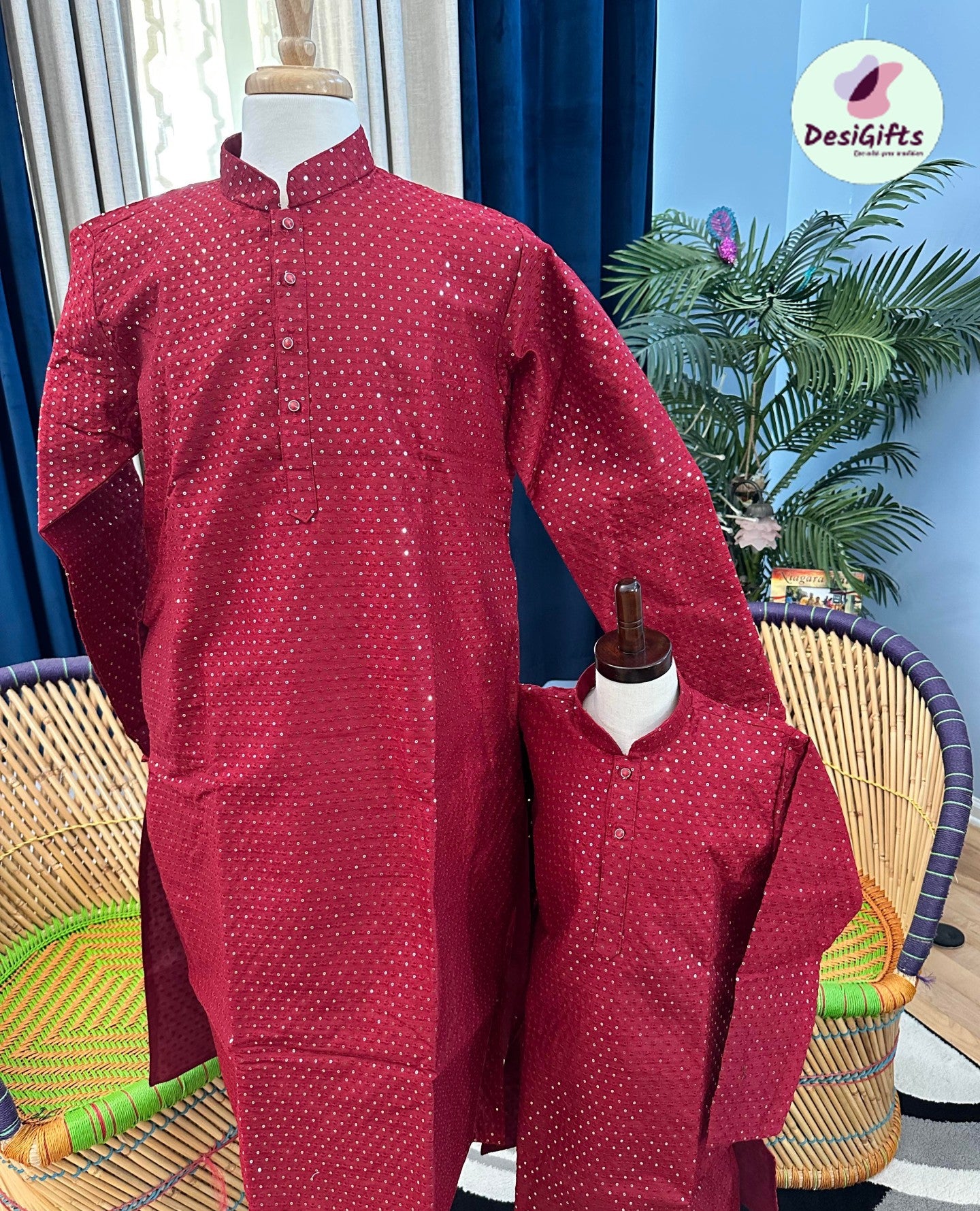Size 38, Apple Red Contemporary Ethnic Design 2 Piece Kurta Pajama Set, Father & Son's Outfit,  DM - 1015