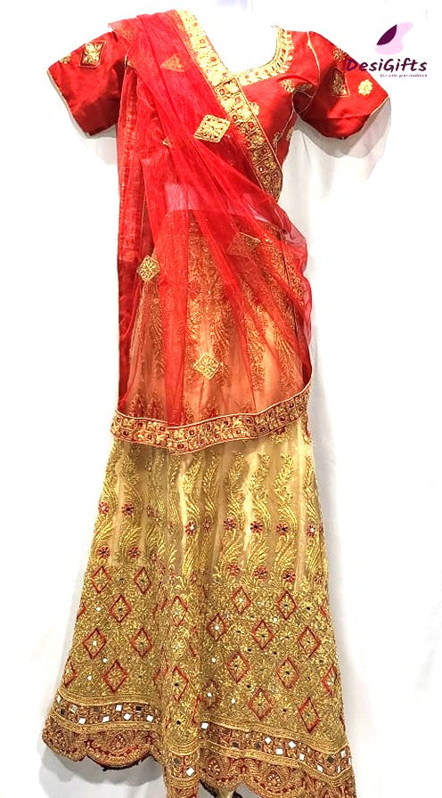 Red Drape Lehenga with Yellow Choli and Dupatta – Roop Sari Palace