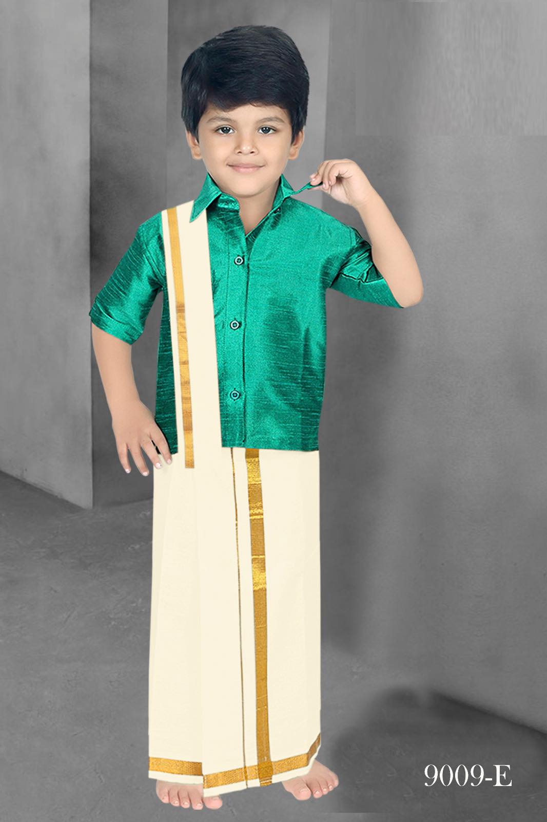 South Indian Kids Dhoti & Shirt With Mundu, 3 Piece Set- Design# B-GRN-994