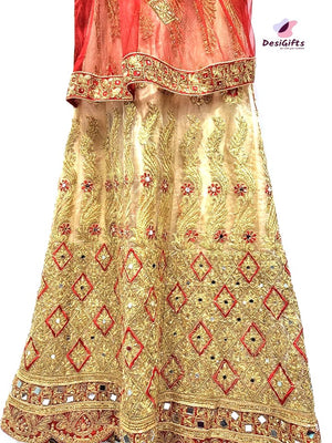 Scarlet Red & Golden Silk Embroidered with Stone Studded Lehenga Choli Wedding Dress, Design LHG #466