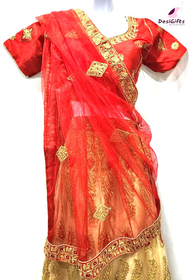 Scarlet Red & Golden Silk Embroidered with Stone Studded Lehenga Choli Wedding Dress, Design LHG #466