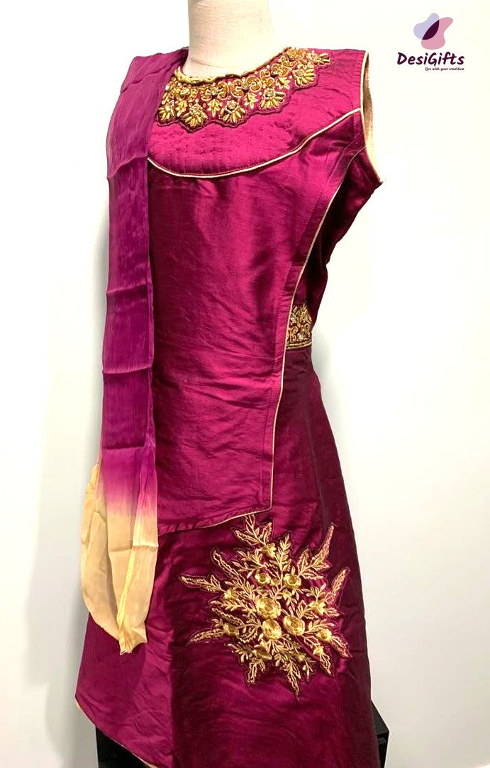 Purple/Maroon Kurti Set with Embroidered Girl's Dress, Design G-382