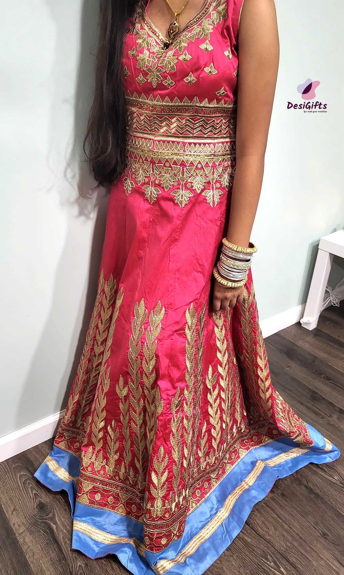 slim fit dress slacks Baby Pink Gown with Golden Zari Weaving & Embroidered Dupatta