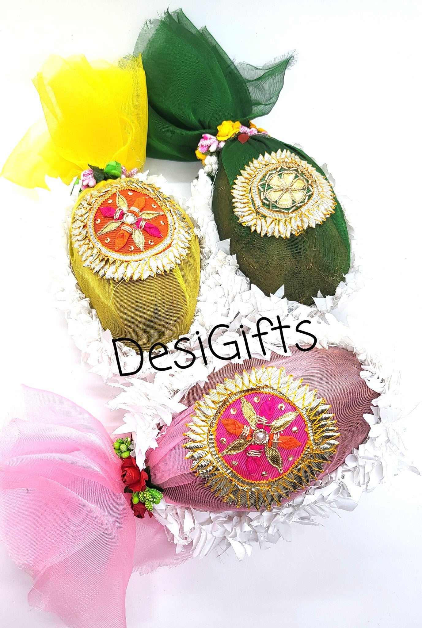 Shagun Nariyal/Hand Decorated Coconut, Assorted Colors. HDC# 405