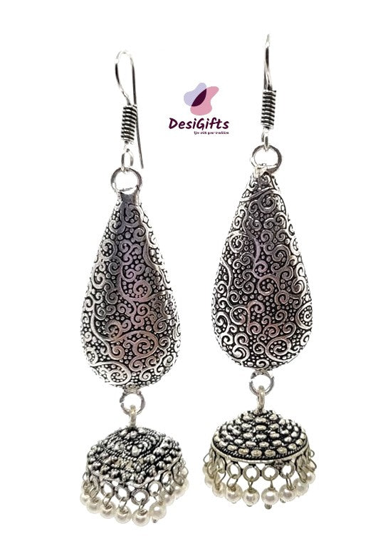 Oxidized German Silver Long Jhumka Earrings, Multiple Colors, ER#433