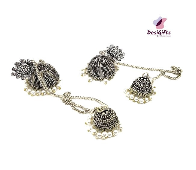Oxidized Silver Jhumki with Long Chain Jhumka Earrings, ER#436
