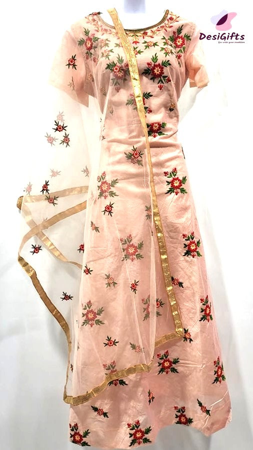Embroidery Gown in Pastel Pink Color, 3 Piece Set, Design GWN # 459