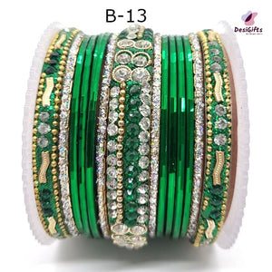 Shades of Green Bangles Stone Studded Set in Size 2.4", BGL#452