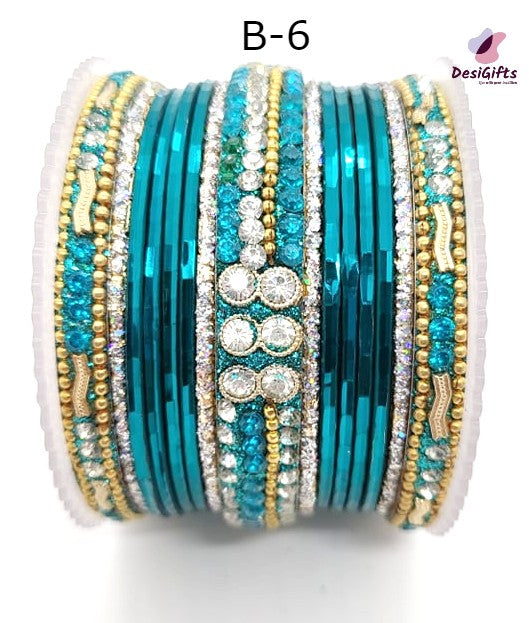 Shades of Green Bangles Stone Studded Set in Size 2.4", BGL#452