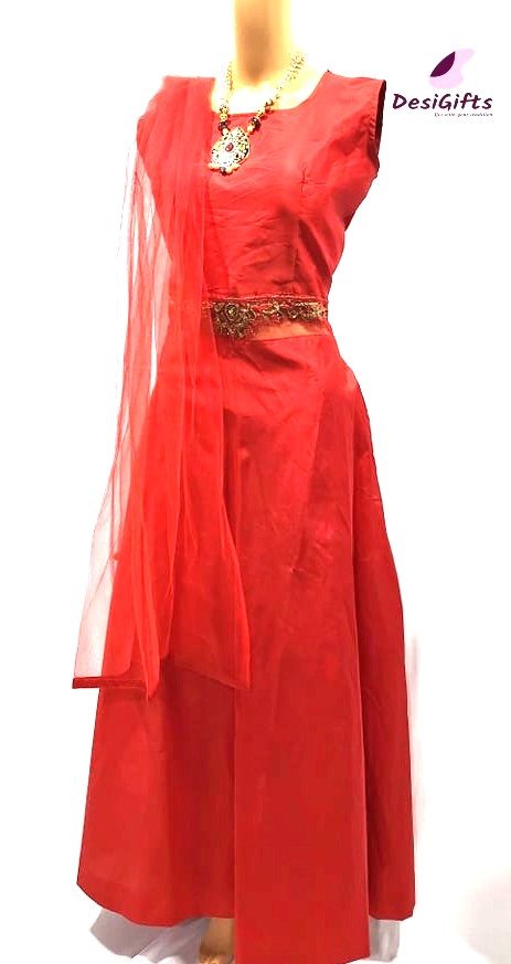 Full Length Gown in Red with Net on Belt Work, 3 Piece Set, Design GWN # 457