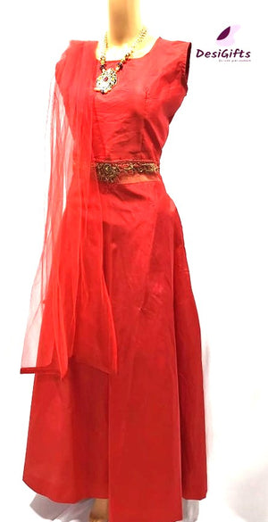Full Length Gown in Red with Net on Belt Work, 3 Piece Set, Design GWN # 457