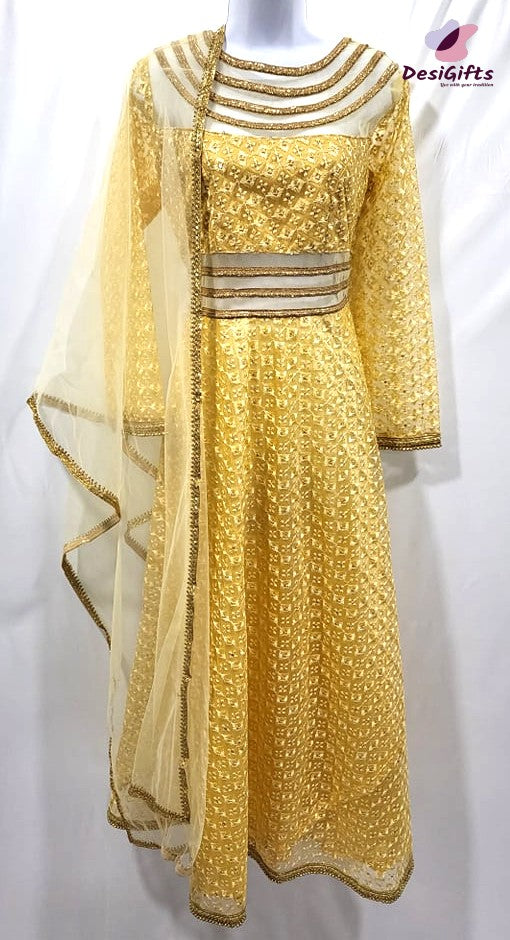 Floor Length 3 Piece Gown in Yellow with Net Work, Design GWN # 456