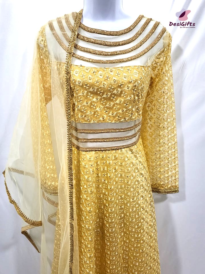 Floor Length 3 Piece Gown in Yellow with Net Work, Design GWN # 456