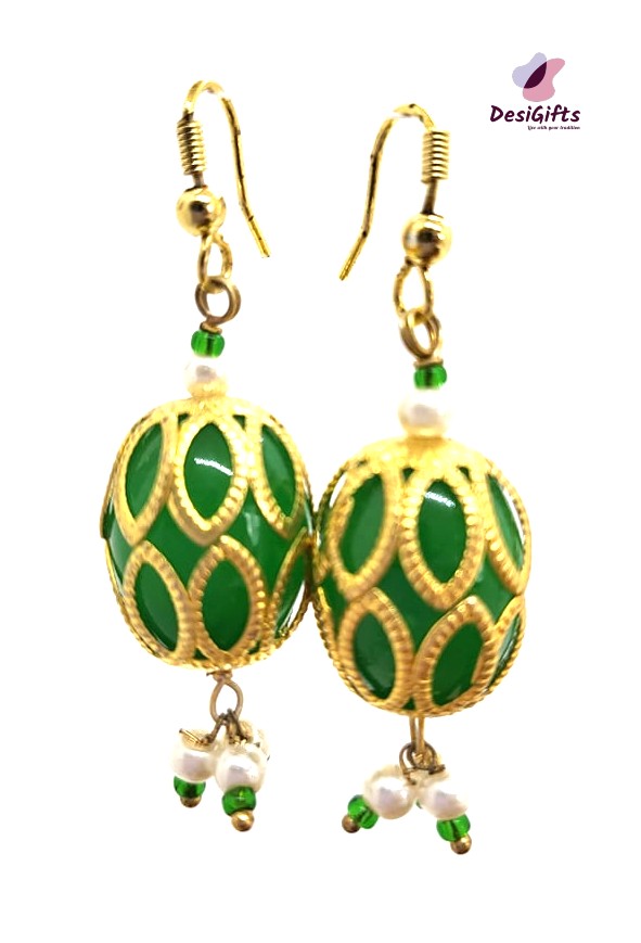 Oval Quartz Stone Captured in Golden Design Earrings, ER#488