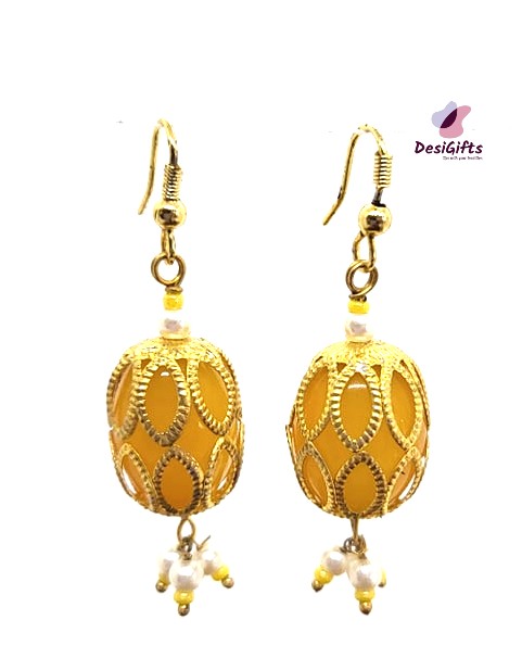 Oval Quartz Stone Captured in Golden Design Earrings, ER#488