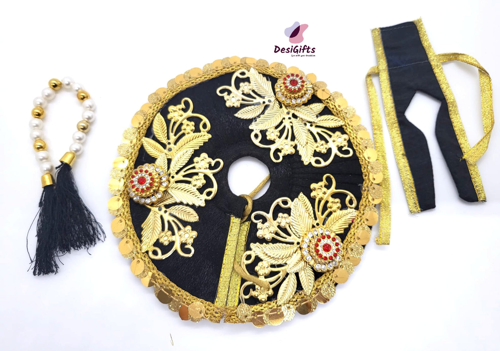 Black Laddu Gopal Dress with Mettalic Flowers / Krishna Poshak, RKF#688