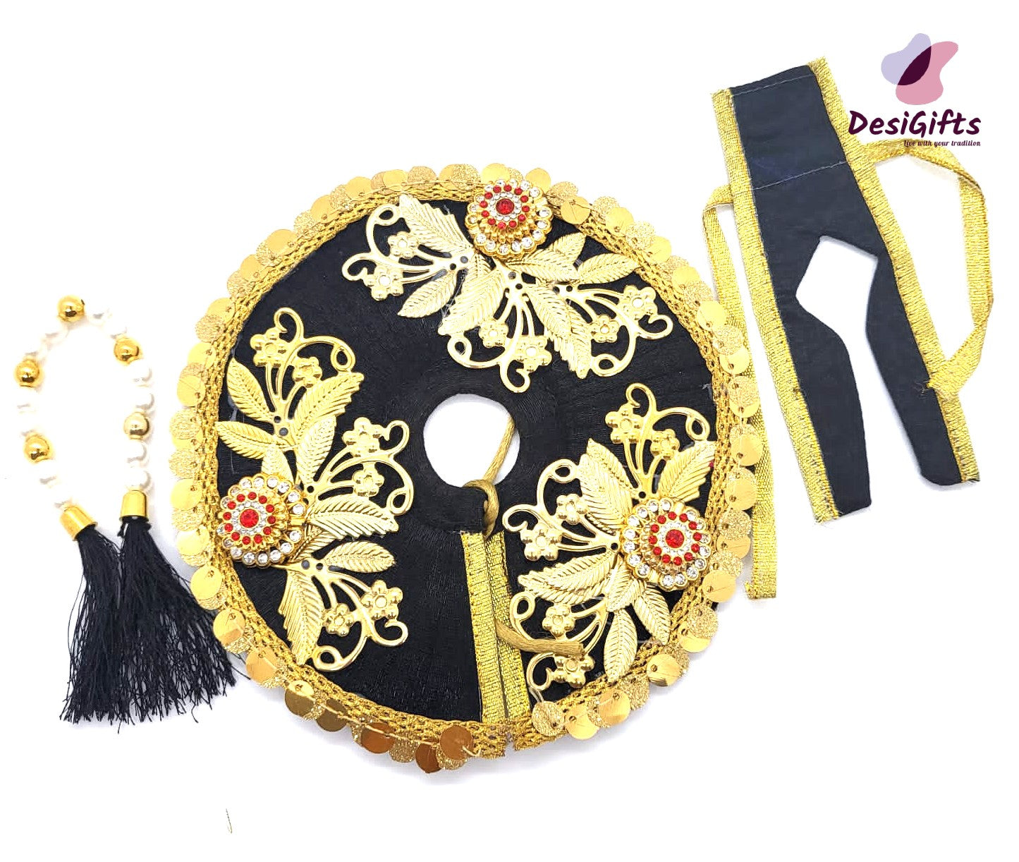 Black Laddu Gopal Dress with Mettalic Flowers / Krishna Poshak, RKF#688